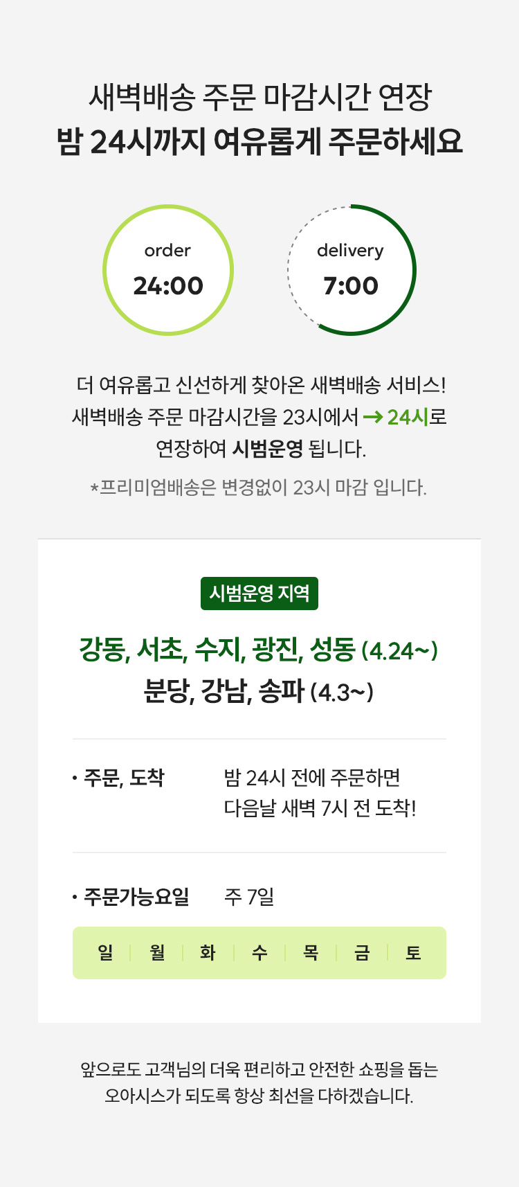 분당, 강남, 송파 새벽배송 주문 마감시간 연장